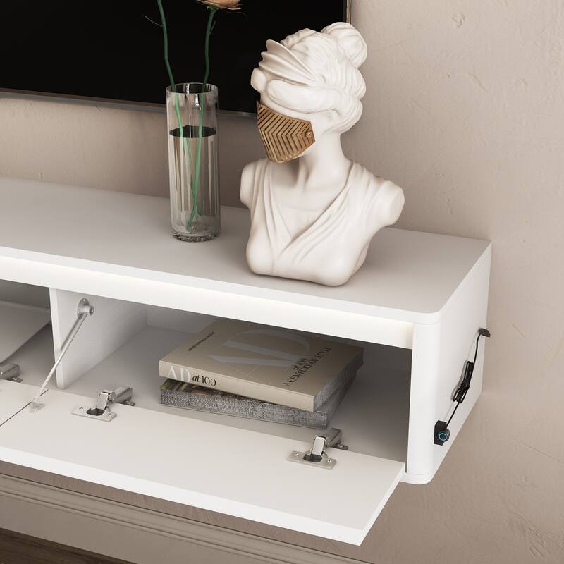 Floating LED TV Stand Wall Mounted TV Console, High Gloss TV Cabinet with LED Light & Power Outlet