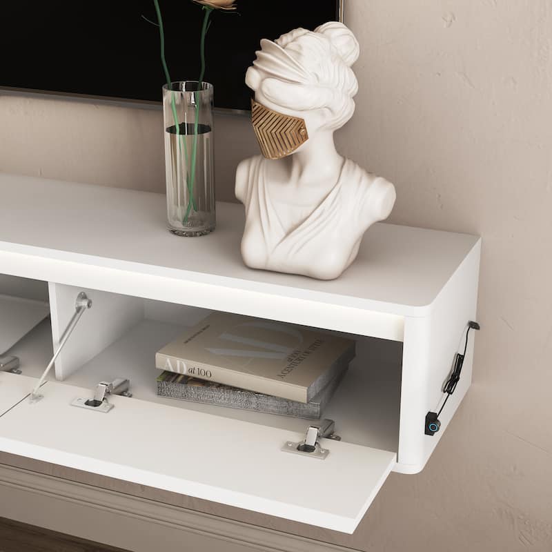 Wall Mounted TV Shelf with LED Lights & Power Outlet, High Gloss TV Cabinet for Wood TV Stands for Living Room