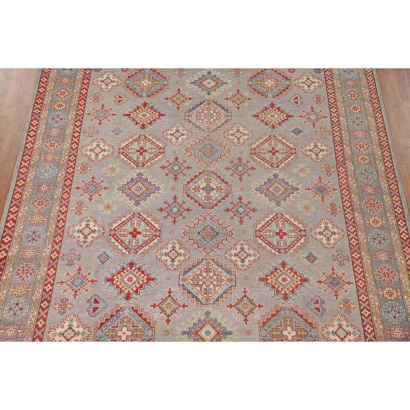 Geometric Kazak Oriental Area Rug Handmade Grey Wool Carpet - 8'2" x 10'0"