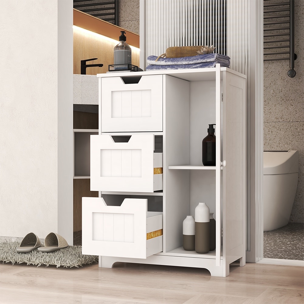 Accent Bathroom Floor Standing Storage Cabinet Unit With 3-Large