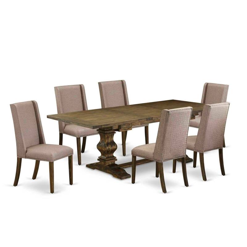 7-Piece Dining Room Set - Wood Table & Linen Fabric Chairs - Distressed Jacobean Finish - Seats 6 - 90