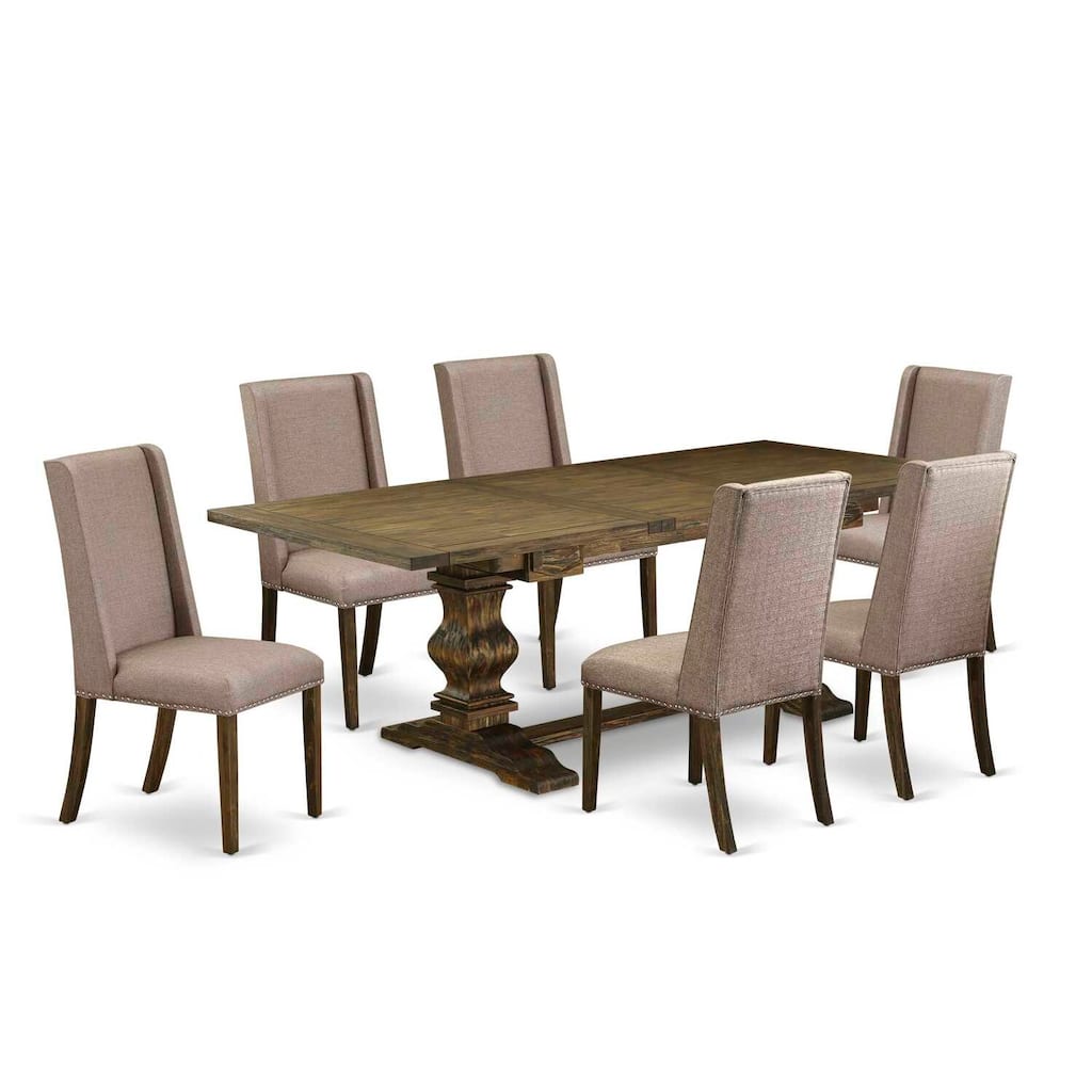 7-Piece Dining Room Set - Wood Table & Linen Fabric Chairs - Distressed Jacobean Finish - Seats 6 - 90