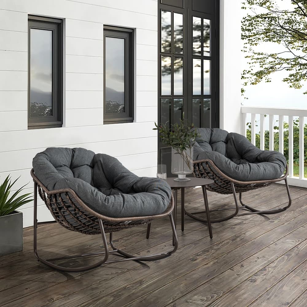 Outdoor Rattan Rocker Recliner Chair With Polyester Padded Cushion （set of 2）