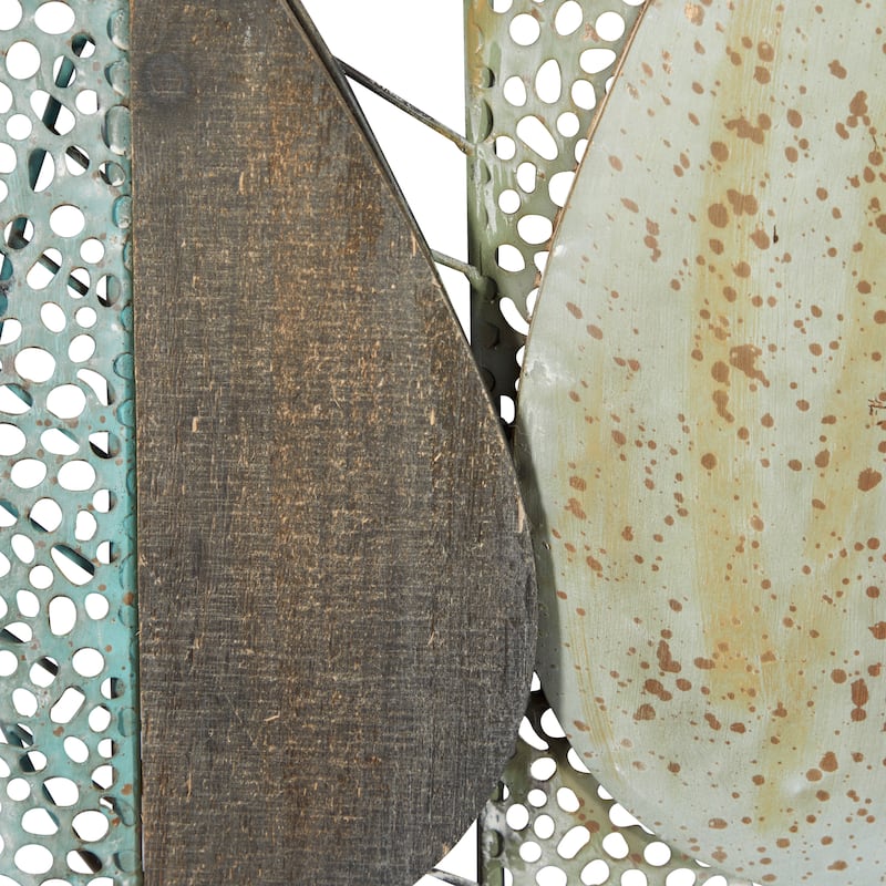 Wood Leaf Cutout Wall Decor with Green and Black Metal Wire Accents - Brown - Roche River Decor