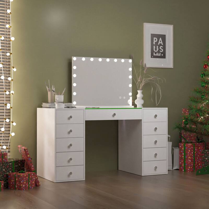 Bedroom Vanity Desk with RGB LED Light Strip, Glass Top Makeup Dressing Table with 11 Drawers