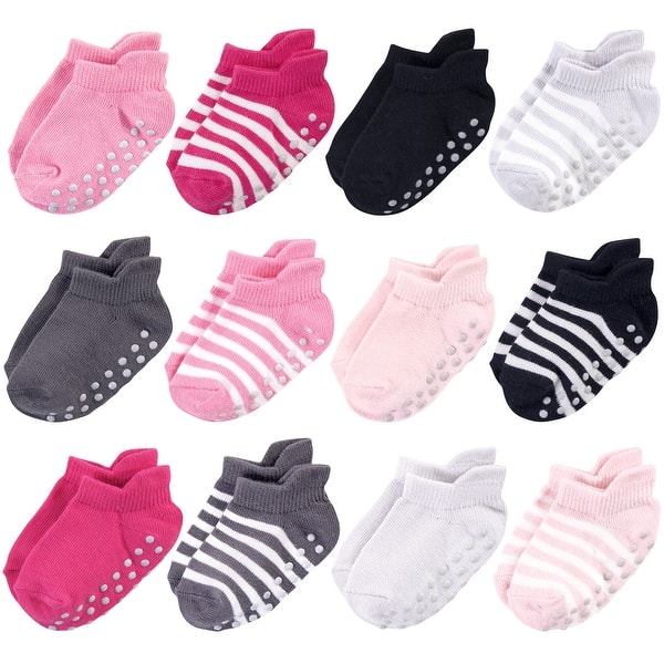 slide 1 of 1, Touched by Nature Baby Girl Organic Cotton Socks with Non-Skid Gripper for Fall Resistance, Pink Black Pink Black - 12-24 Months