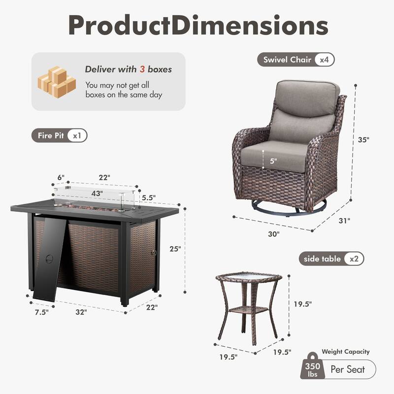 Meyreso 7-Piece Outdoor Patio Wicker Fire Pit 4 person Conversation Set with 5-Inch Thick Cushions