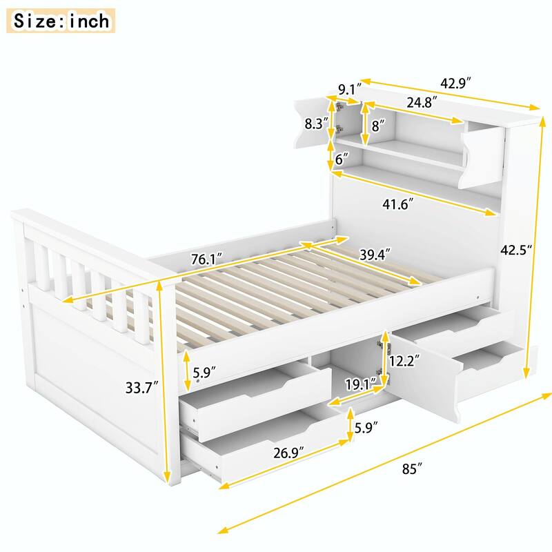 Captain Platform Bed Frame with Storage Bookcases, Shelves & Four Drawers