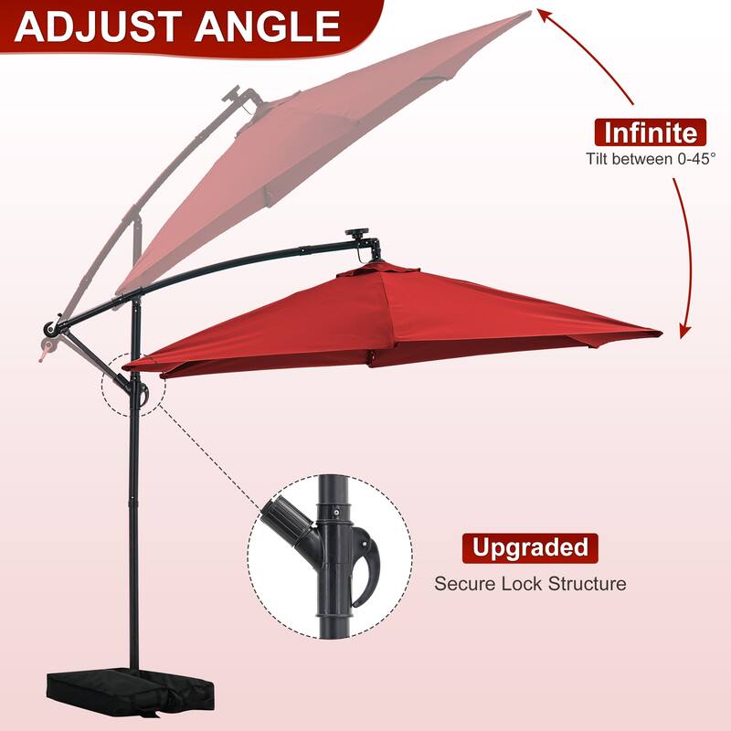 Ainfox 10 ft. Patio Offset Solar LED Umbrellas Cantilever Outside Umbrellas with Base