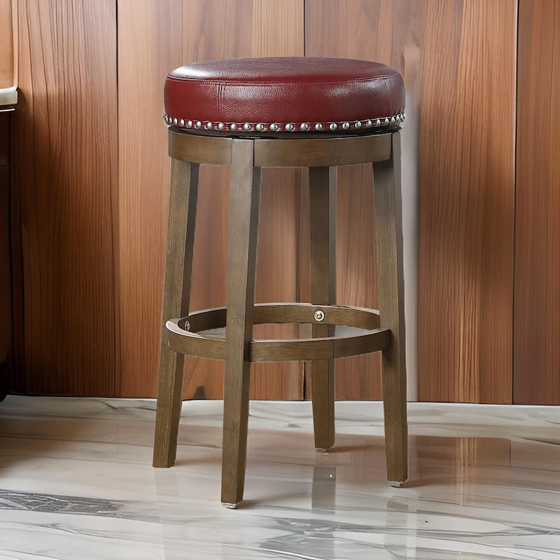 Bara 31 Inch Swivel Barstool, Red Round Faux Leather, Brown Solid Wood