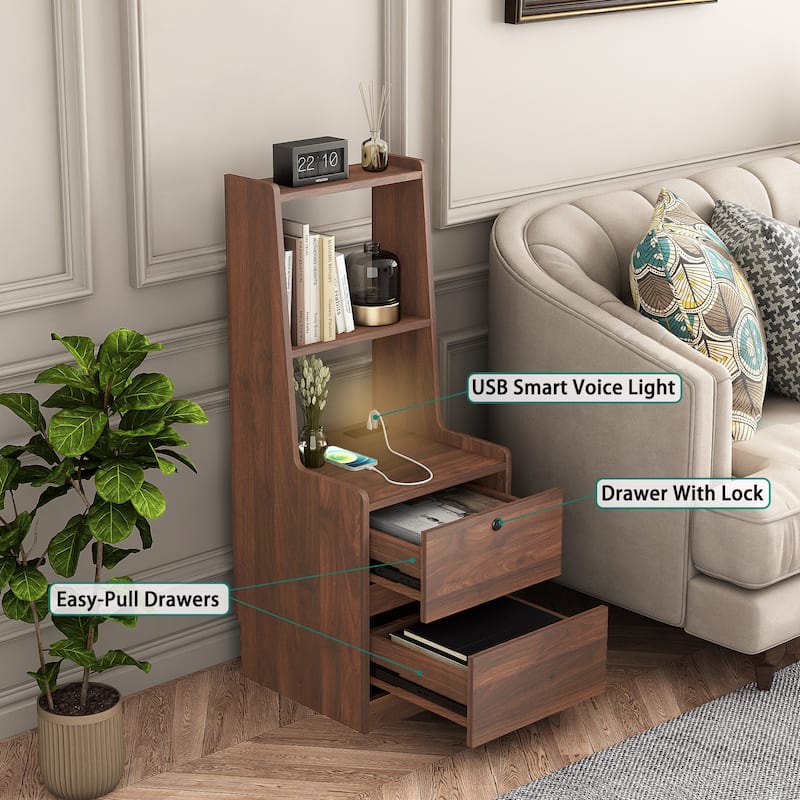 Anmytek Smart Nightstand with Night Light and Charging Station,Bedside Tables with Storage Cabinet