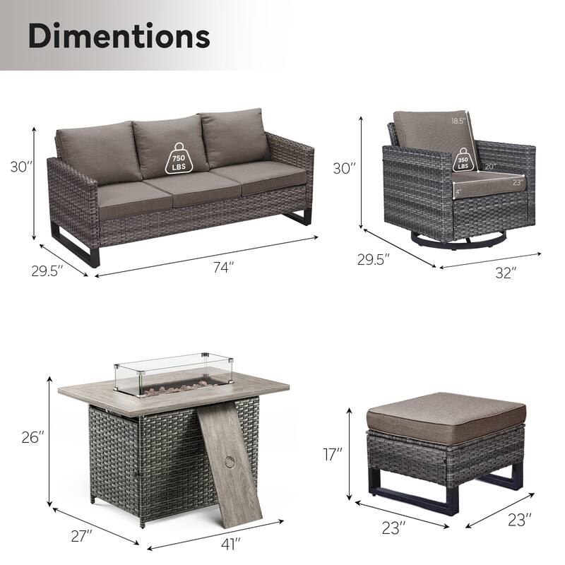 Outdoor Sofa 2 Swivel Chairs Ottomans and Fire Pit Table