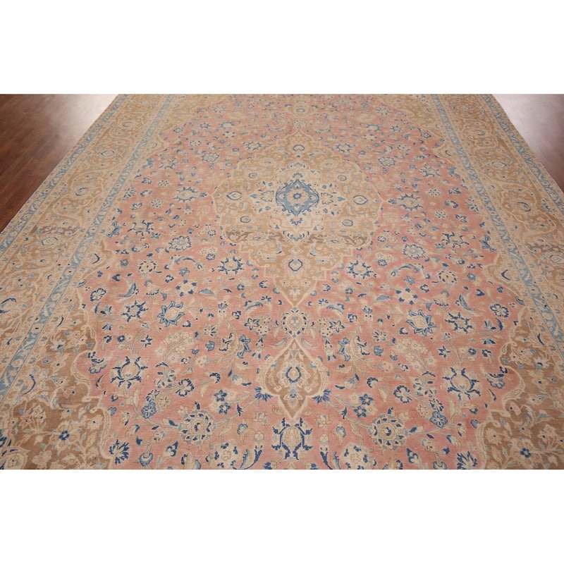 Traditional Kashan Persian Large Vintage Rug Hand-Knotted Wool Carpet - 9'6"x 14'10"