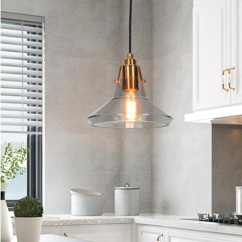 Modern Glam 1-Light Black Gold Cone Glass Kitchen Island Pendant Light for Dining Room - 8.5" D x 8" H