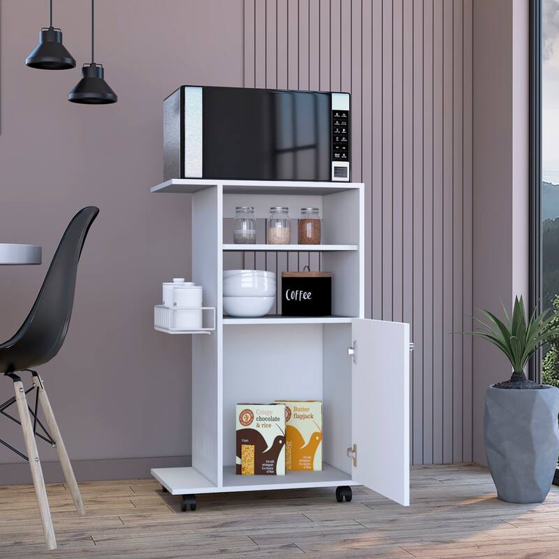 Black Kitchen Cart with One-Door Cabinet, 27.96" Microwave Countertop, Four Casters, Easy Setup