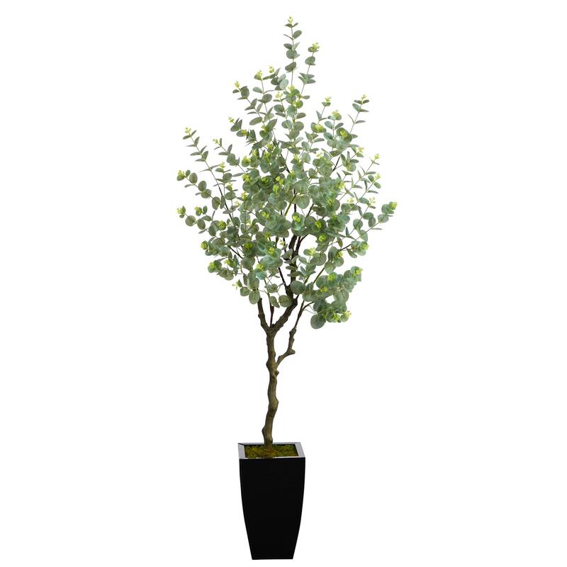 Eucalyptus Artificial Tree 64In. with Black Planter - Indoor Faux Tree Décor - Green - 61 Inches and Over