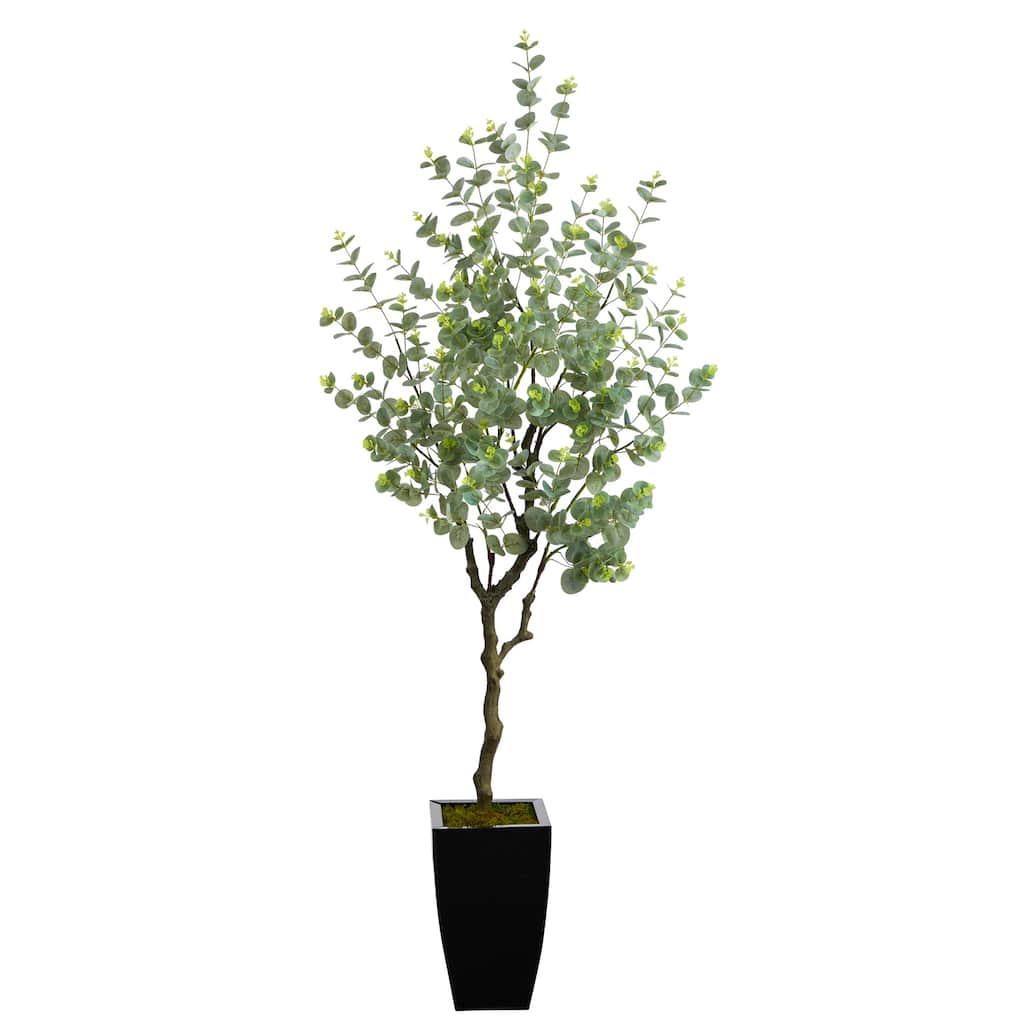 Eucalyptus Artificial Tree 64In. with Black Planter - Indoor Faux Tree Décor - Green - 61 Inches and Over