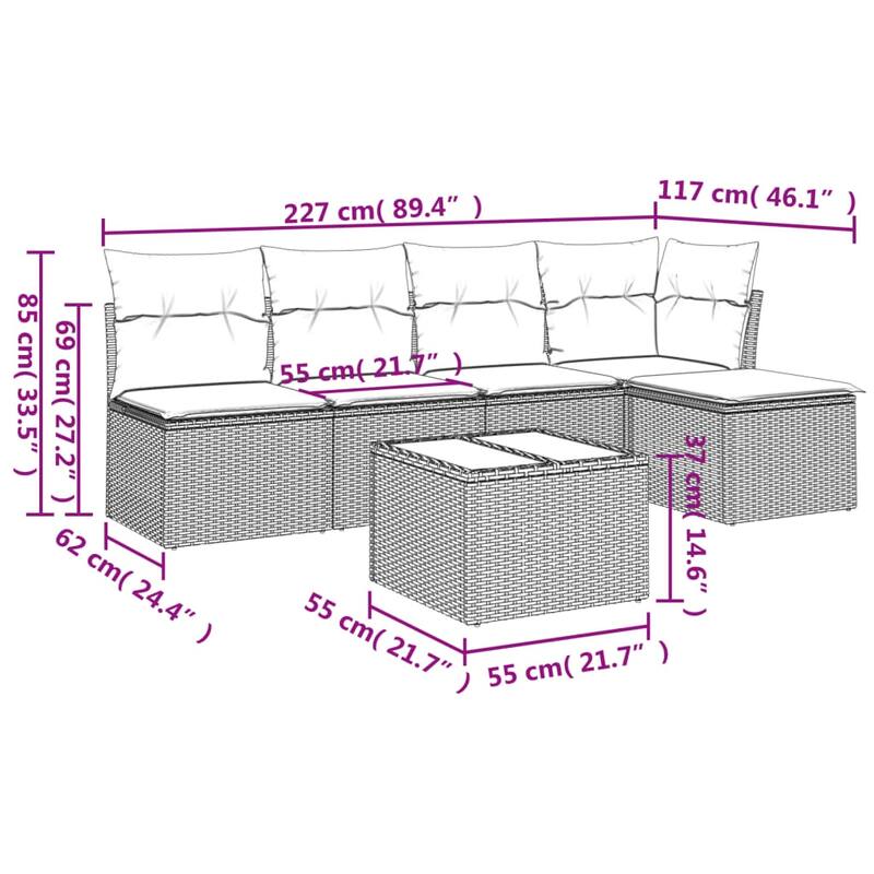 vidaXL Garden Sofa Set Black PE rattan, powder-coated steel, tempered glass - 21.7 x 21.7 x 14.6