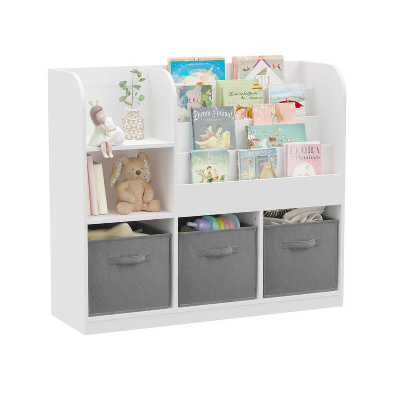 Kids Bookcase and Bookshelf, Multifunctional Bookcase with 3 Collapsible Fabric Drawers, Toy Storage Organizer