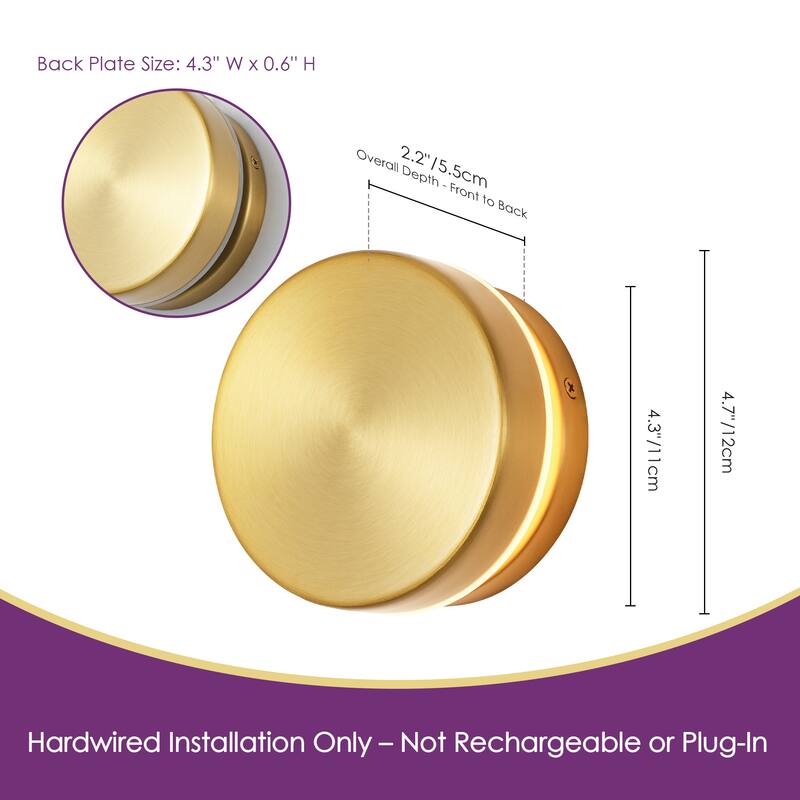 4.7" 1-Light Minimalist Circle Round Brass Integrated LED Wall Sconce Ambient Accent Light for Hallway/Vanity
