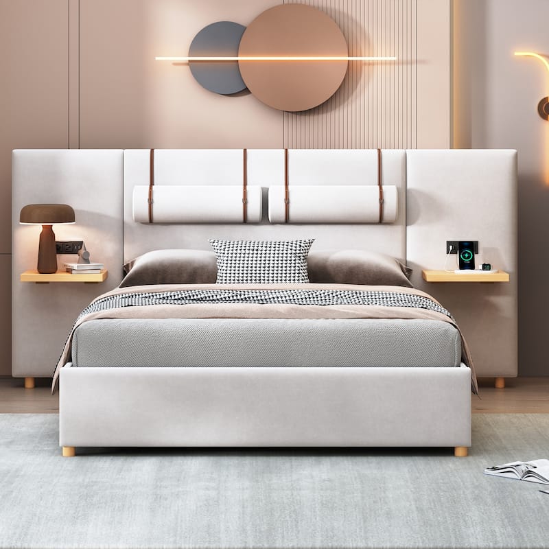 Queen Velvet Upholstered Bed with USB Ports, Storage Shelves & Built-in Pillows - Beige/Gray