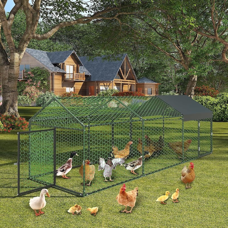 3 Doors Outdoor Large Metal Chicken Coop with Waterproof Anti-UV Cover for Rabbit Duck - Black