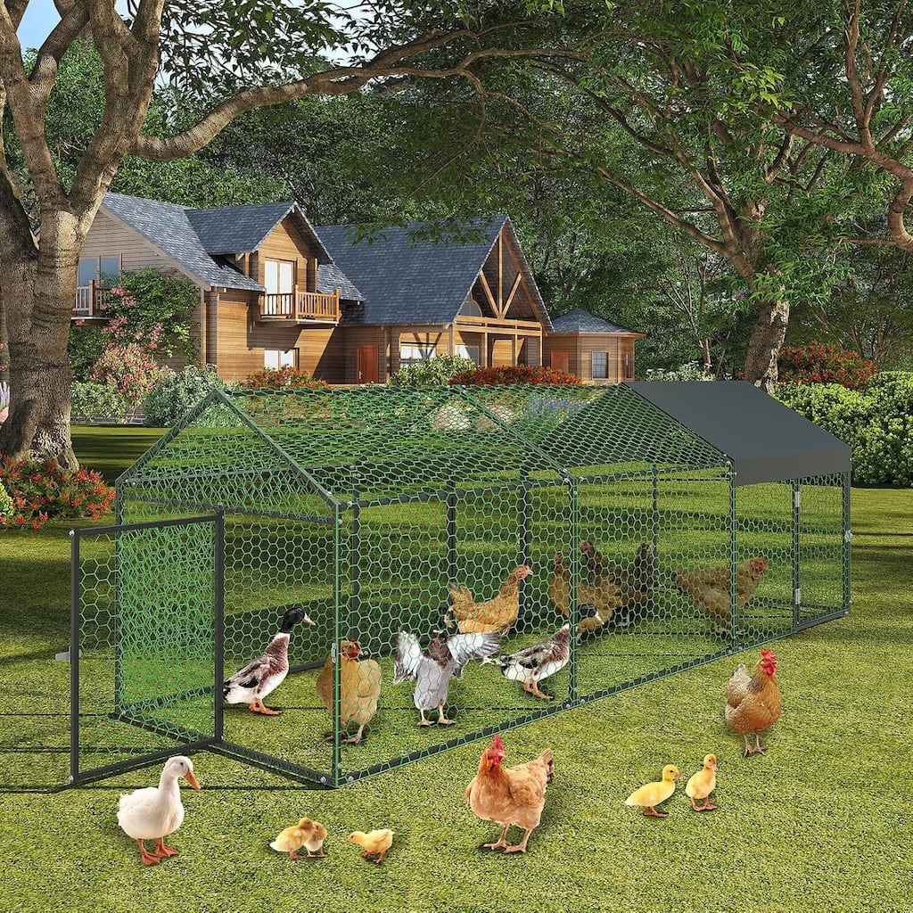3 Doors Outdoor Large Metal Chicken Coop with Waterproof Anti-UV Cover for Rabbit Duck