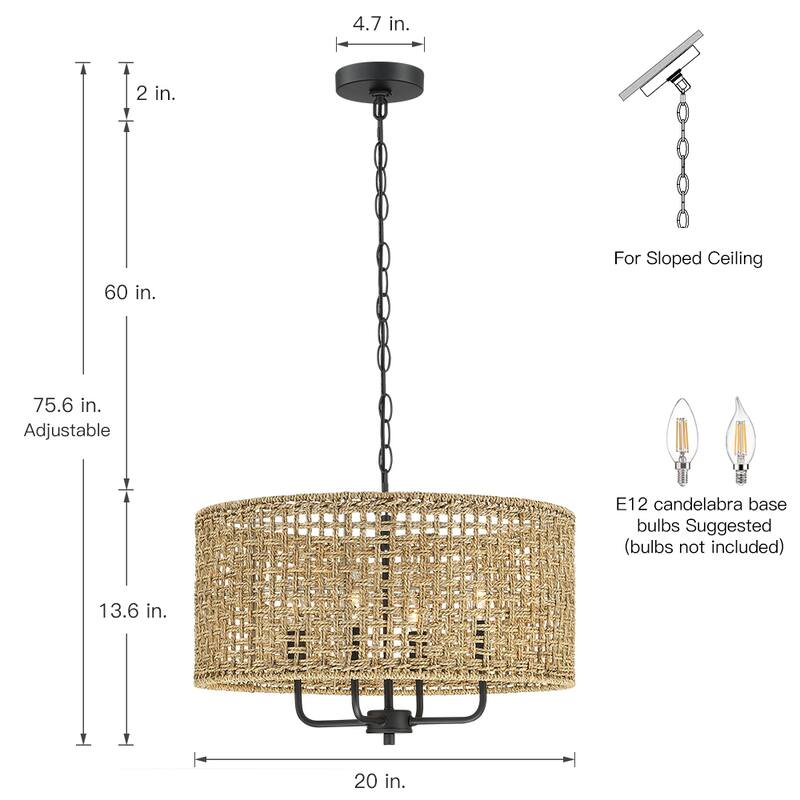 4-Light Bohemian Hand Woven Drum Chandelier - W20" x H75.6" - Black/Straw - Straw - 20 in. W