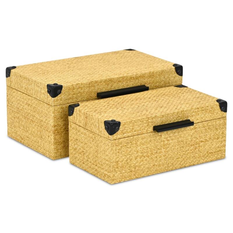 Ferelith Set of 2 Rectangular Decorative Storage Boxes - Light Brown Wicker Rattan Pattern