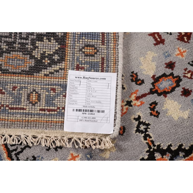 Gray Geometric Viss Indian Runner Rug Handmade Wool Carpet - 2'6"x 8'0"