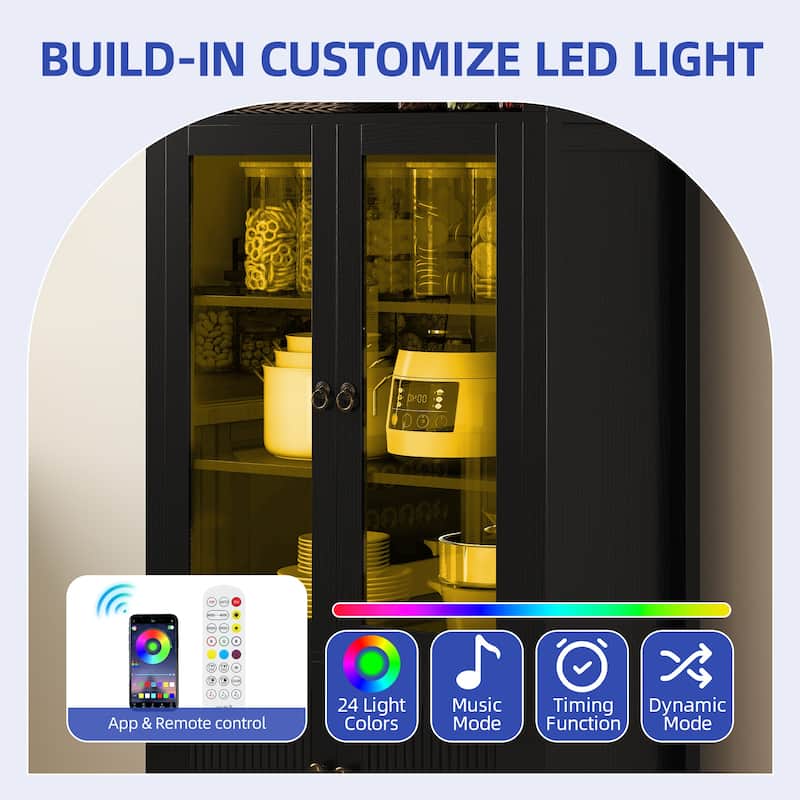 Moasis 71 Inch Tall Arched Display Cabinet with LED Lighting and Glass Doors for Living Room or Dining Room Storage