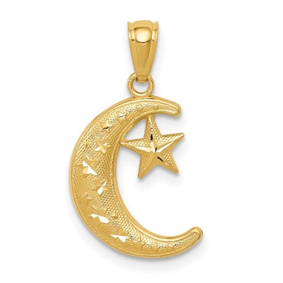 Curata 14k Yellow Gold 18" 20x12mm Textured Moon And Stars Necklace