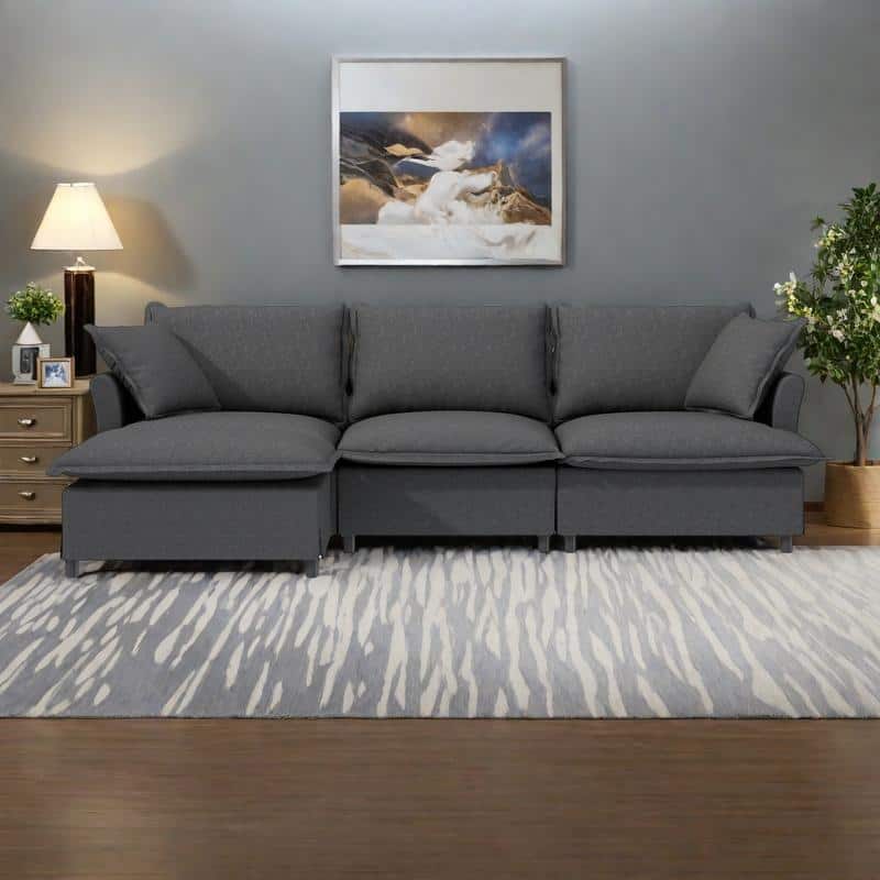 94" Chenille L-Shaped Modular Sectional Sofa with Ottoman & Throw Pillows,and 4-Seater Cloud Couch