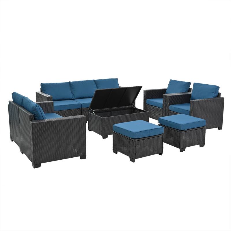 10-Piece Outdoor Rattan Sectional Sofa Set with Storage Table & Cushions