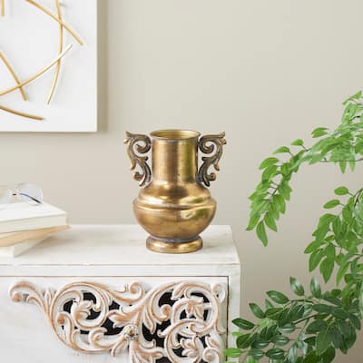 Gold Metal Weathered Vintage Amphora Decorative Vase with Scroll Handles