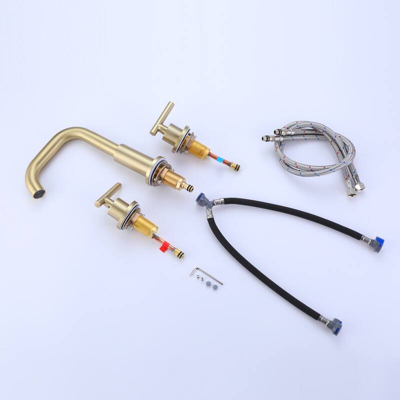 Modern Brushed Gold 360 Rotary Bathroom Faucet Widespread for Sink 3 hole with 2 Handles
