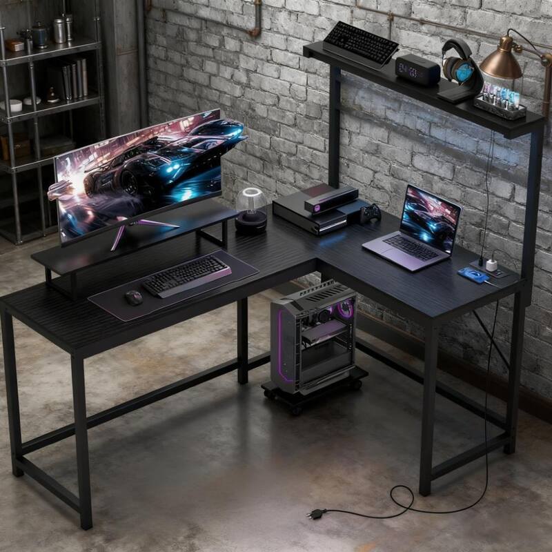 Gaming Desk with Monitor Stand and CPU Shelf,L Shaped Gaming Desk with Power Outlets & LED Lights