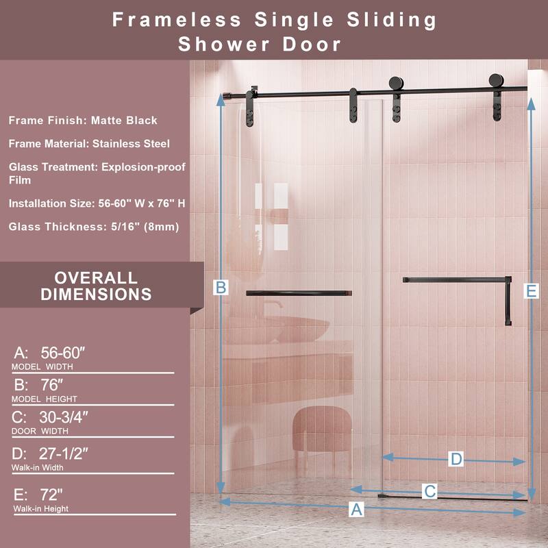Frameless Shower Door, Single Sliding Shower Door