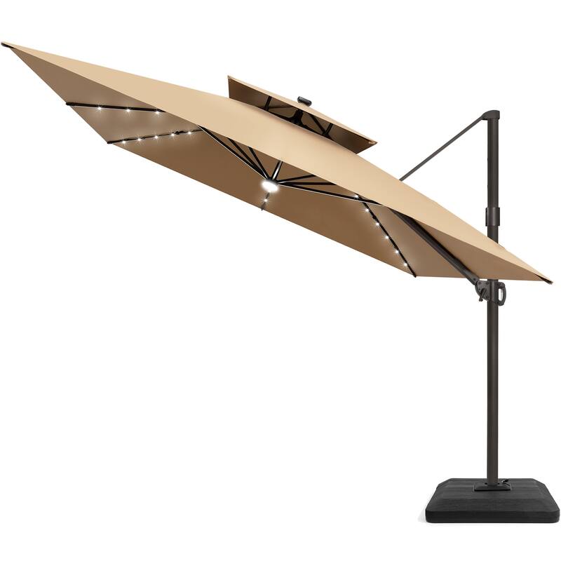 11 FT Square Outdoor Patio Cantilever Umbrella with Solar Lights 4-Piece Premium Base Double Canopy 360 Rotation Tilt