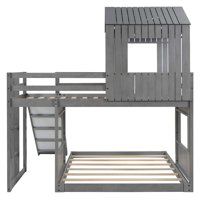 Playhouse Twin Over Full Bunk Bed with Windows and Slide, Solid Pine Wood Frame