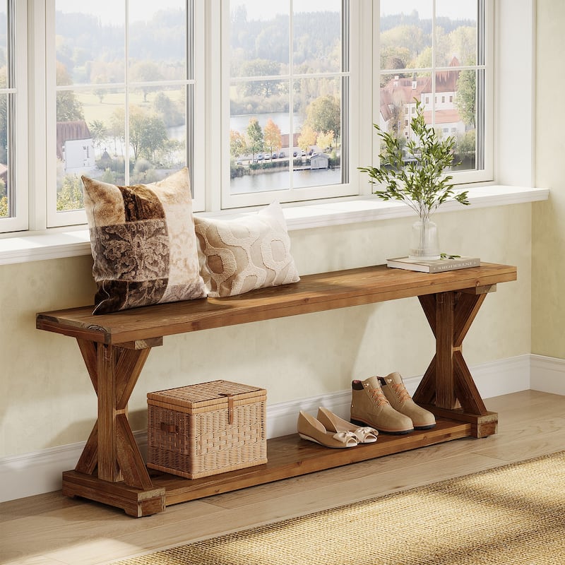 59'' Solid Wood Entryway Bench, 2-Tier Farmhouse Foyer Shoe Bench - Brown