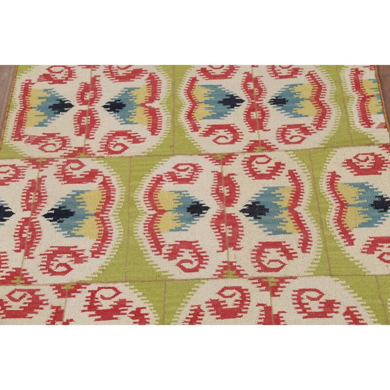 Hand-Woven Green Kilim Oriental Area Rug Handmade Wool Carpet - 4'10"x 7'11"