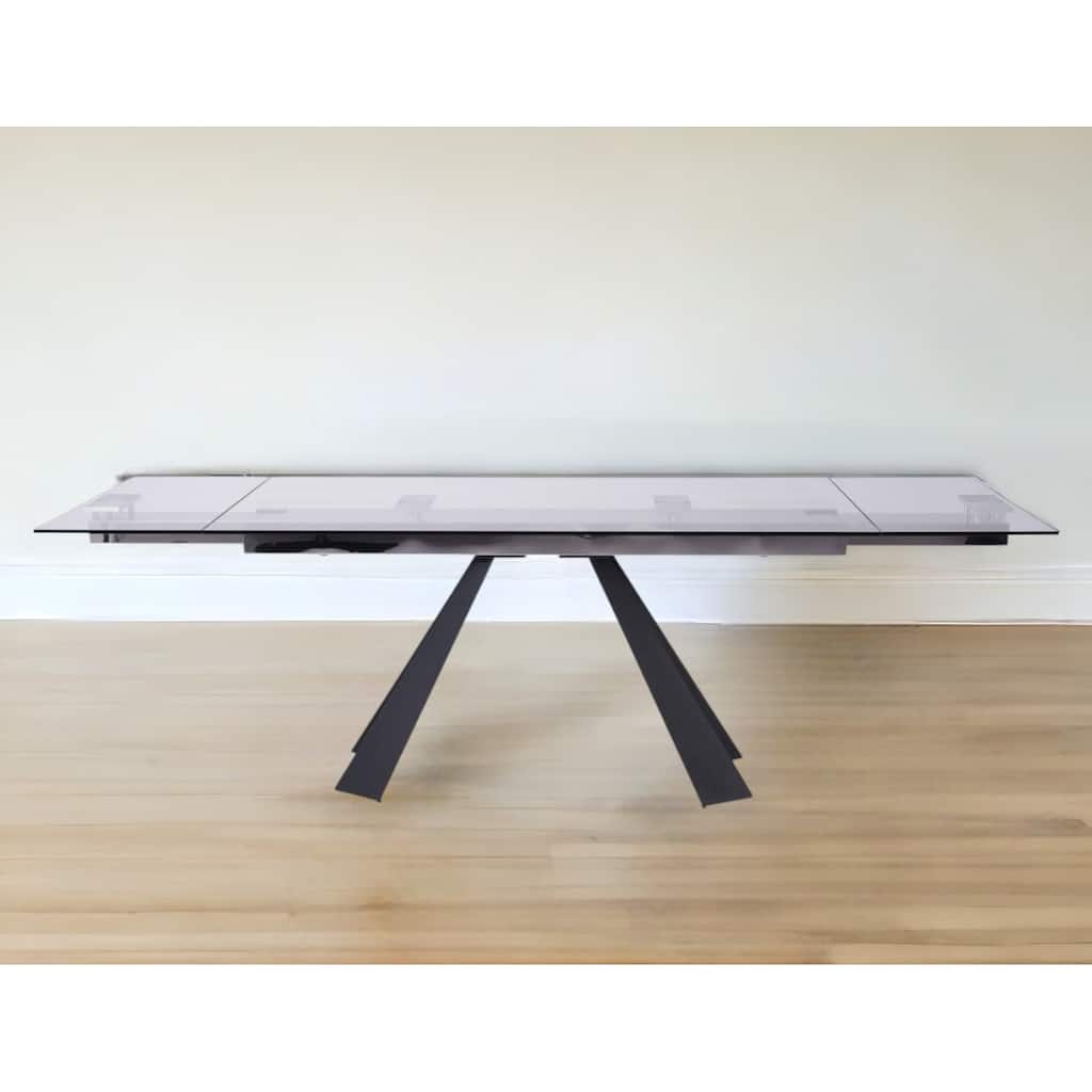 63" Clear And Black Glass And Metal Drop Leaf Pedestal Base Dining Table