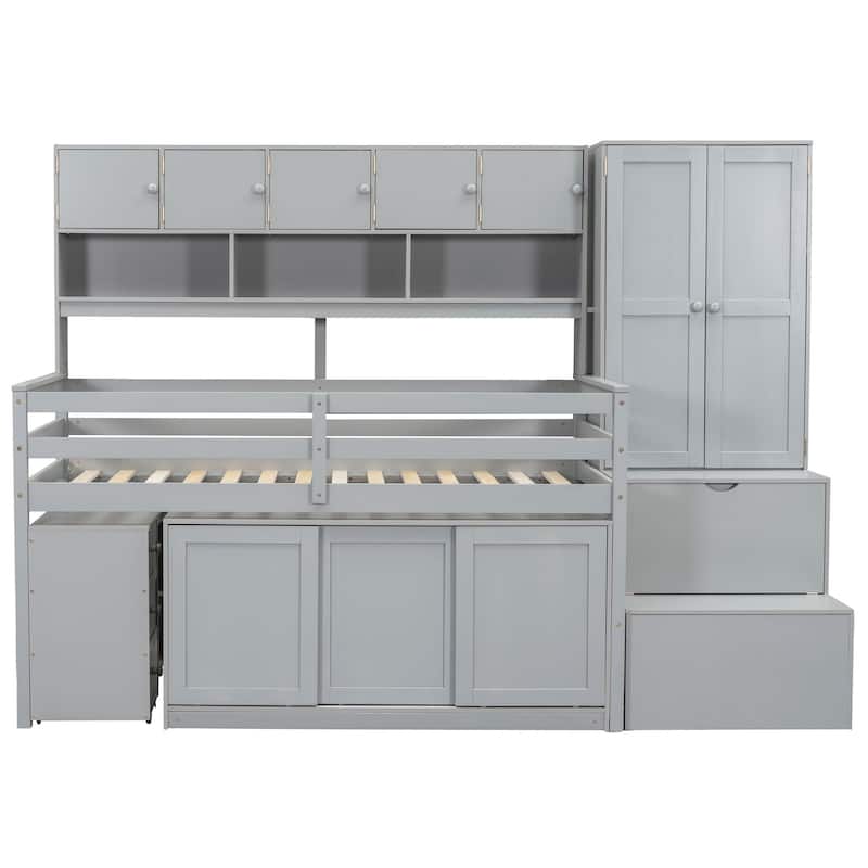 Twin Size Wooden Loft Bed Big Storage with Under-bed Desk, with Drawers, with Shelves, Gray
