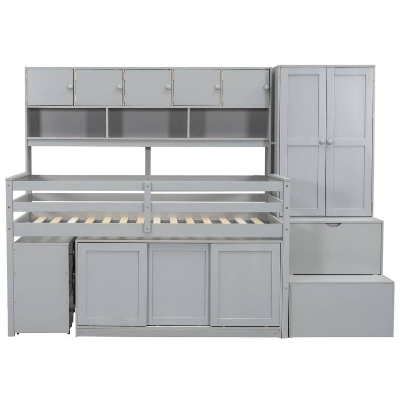 Twin Size Wooden Loft Bed with Integrated Wardrobe, Under-bed Desk, and Shelves
