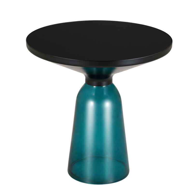 19-Inch Side Table Round Glass/Stone Tabletop End Table with Black Iron Rim and Glass Base - Blue/Black Glass