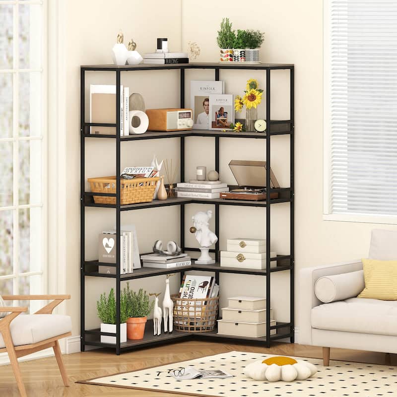 Costway Corner Bookshelf 5-Tier L-Shaped Bookcase 71" Tall Etagere - See Details