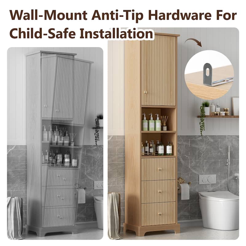 Vertical Stripe Accents Cabinet Freestanding Tall Cabinet for Bathroom with 1 Door, 3 Drawers, Open Storag and Adjustable Shelf