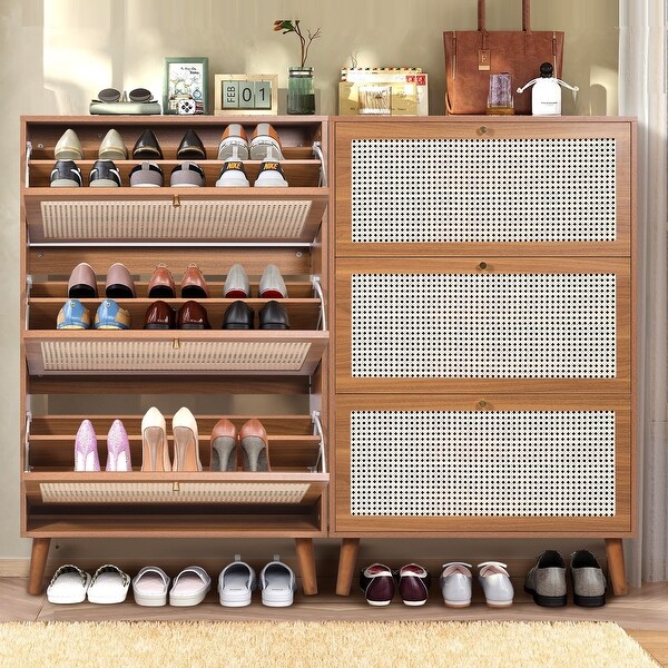 Rattan Shoe Cabinet with 3 Flip Drawers, 24 Pairs Freestanding