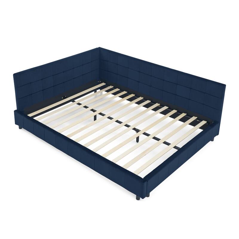 Corner Day Bed Frame, Upholstered Velvet Wooden L-Shaped Sofa Bed with Tufted Design & Wood Slats, Modern Floor Platform Bed
